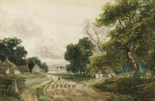 John Hamilton Glass - A shepherd with his flock on a wooded track