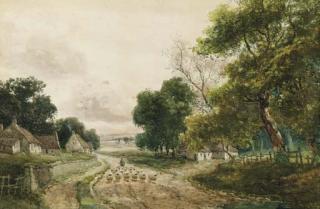 John Hamilton Glass - A shepherd with his flock on a wooded track
