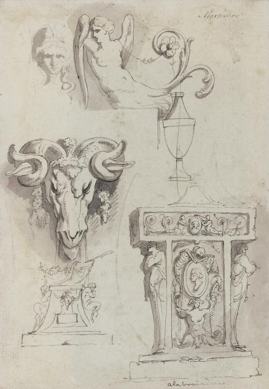 John Hamilton Mortimer, A.R.A. - Ram\'s Head, Classical Pedastal and Winged Female Torso (recto); and Sketch for Scorpio (verso)