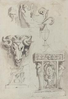 John Hamilton Mortimer, A.R.A. - Ram\'s Head, Classical Pedastal and Winged Female Torso (recto); and Sketch for Scorpio (verso)