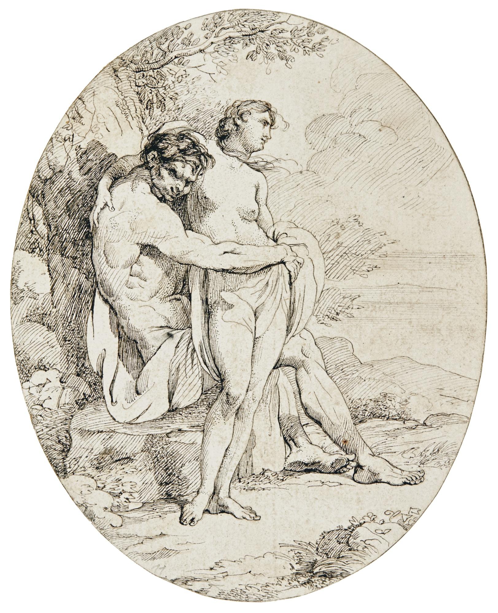 John Hamilton Mortimer - A Satyr Embracing A Woman