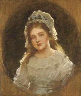 John Hanson Walker - Portrait of a girl, possibly the artist\'s daughter Dorothy, half-length, wearing a white dress and bonnet, and a blue sash
