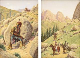 John Hauser - In The Big Foot Canyon; In Ambush: Pair Of Gouaches