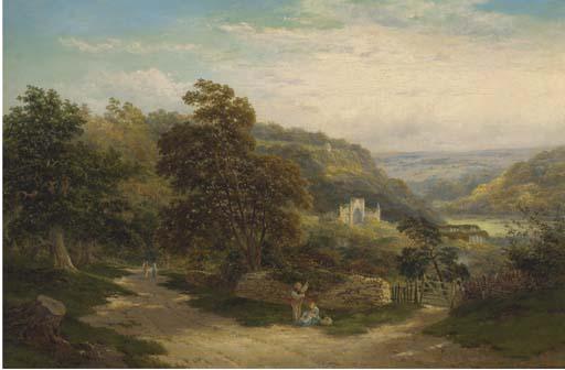 John Henry Boel - Figures on a sunlit lane, Tintern Abbey beyond