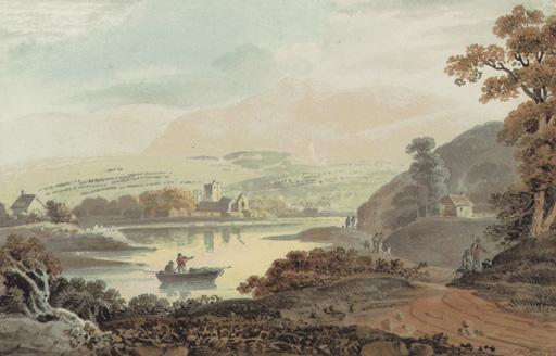 John Henry Campbell - A wooded river landscape with a ferry in the foreground and a village beyond