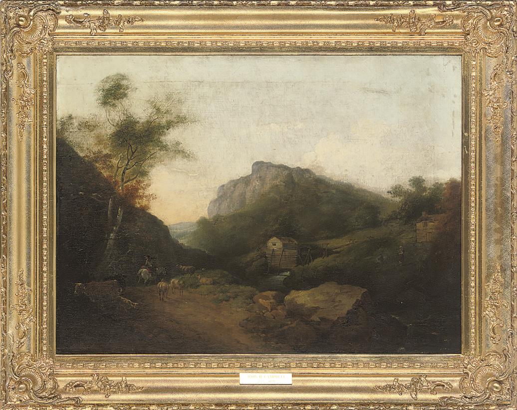 John Henry Campbell - Figures on horseback in an extensive landscape, with cattle and sheep beside a river