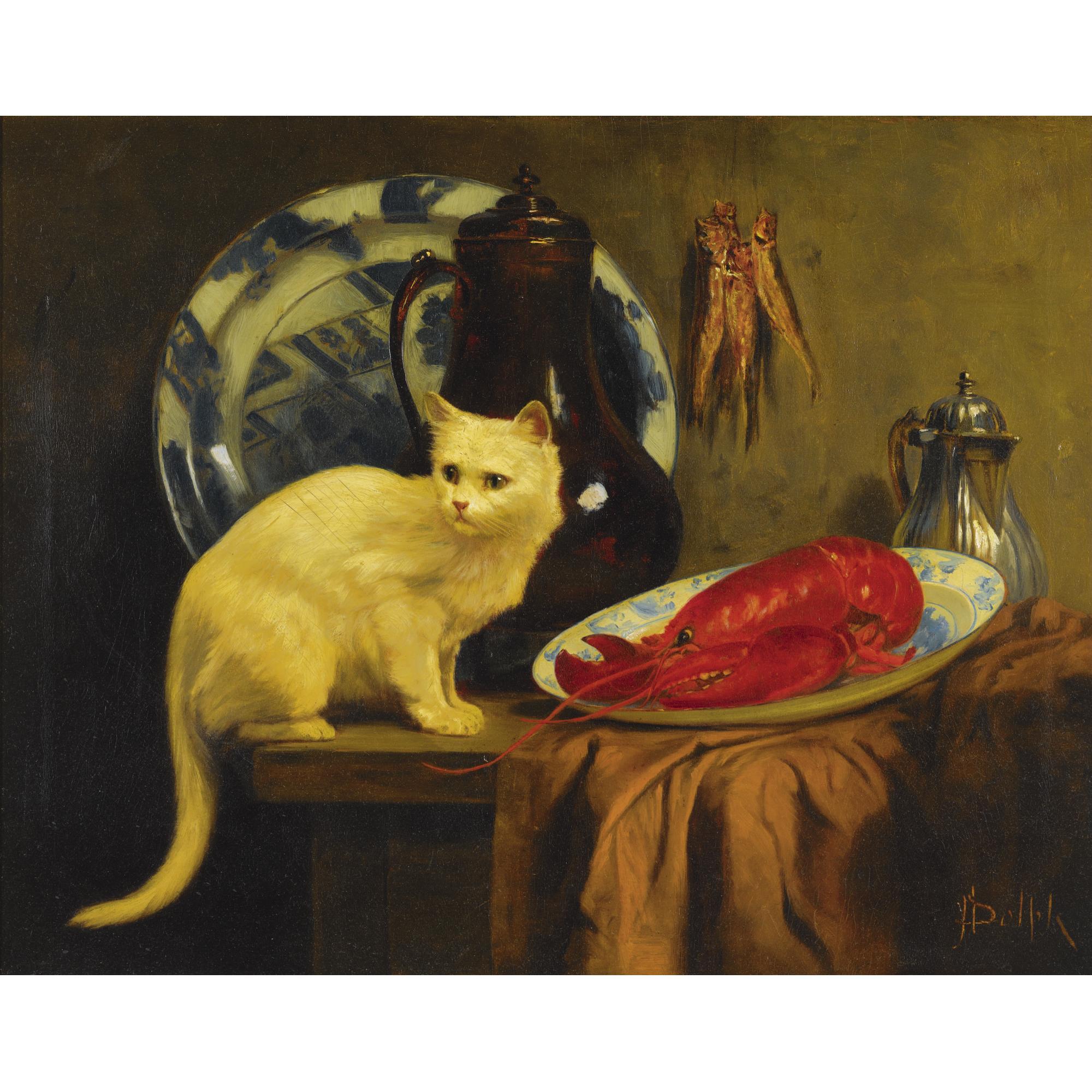 John Henry Dolph - Still Life With Cat And Lobster