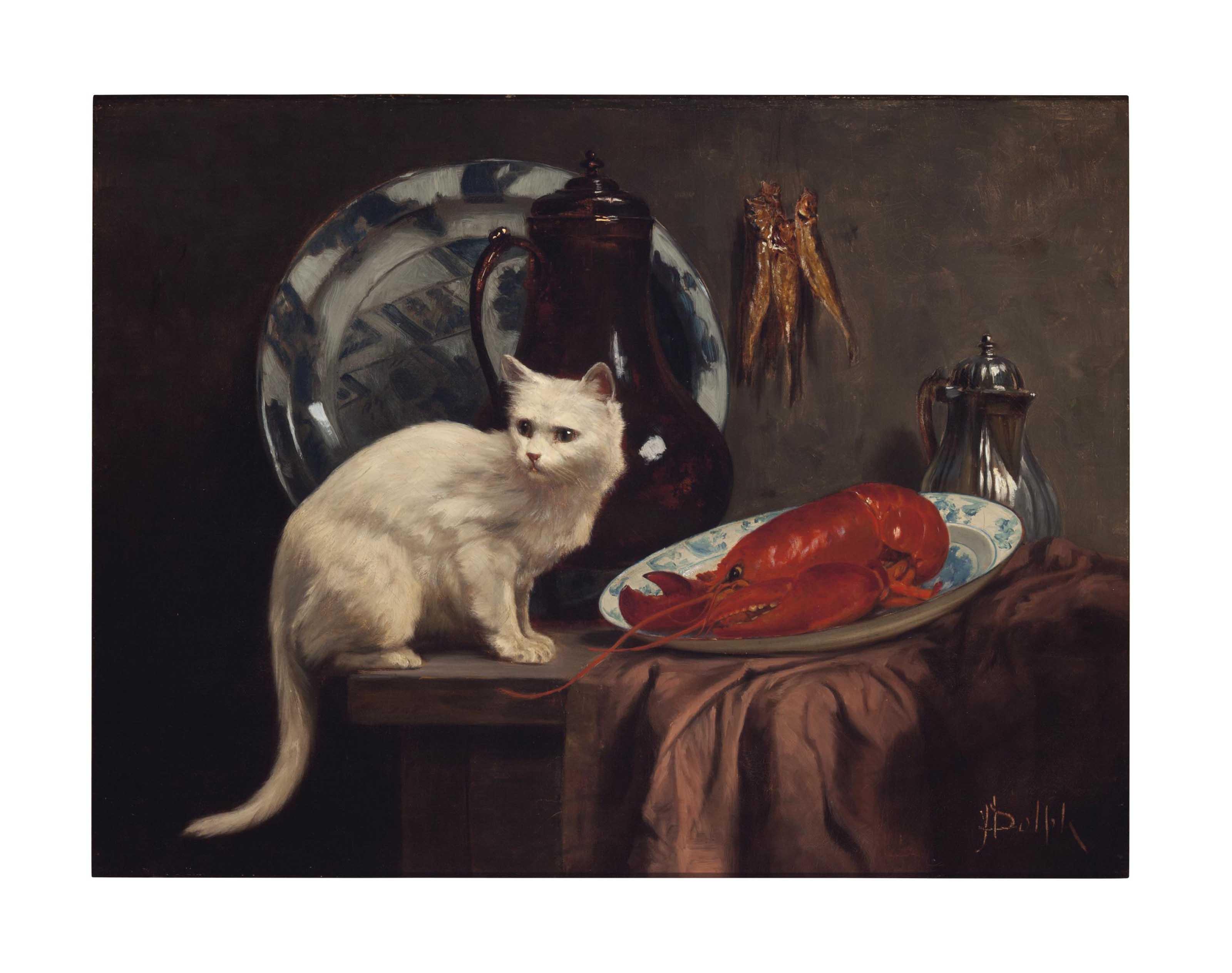 John Henry Dolph - Still Life with Cat and Lobster