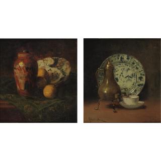 John Henry Dolph - Still Life With Coffe Urn And Still Life Wtih Asian Ceramics And Oranges:  A Pair Of Paintings