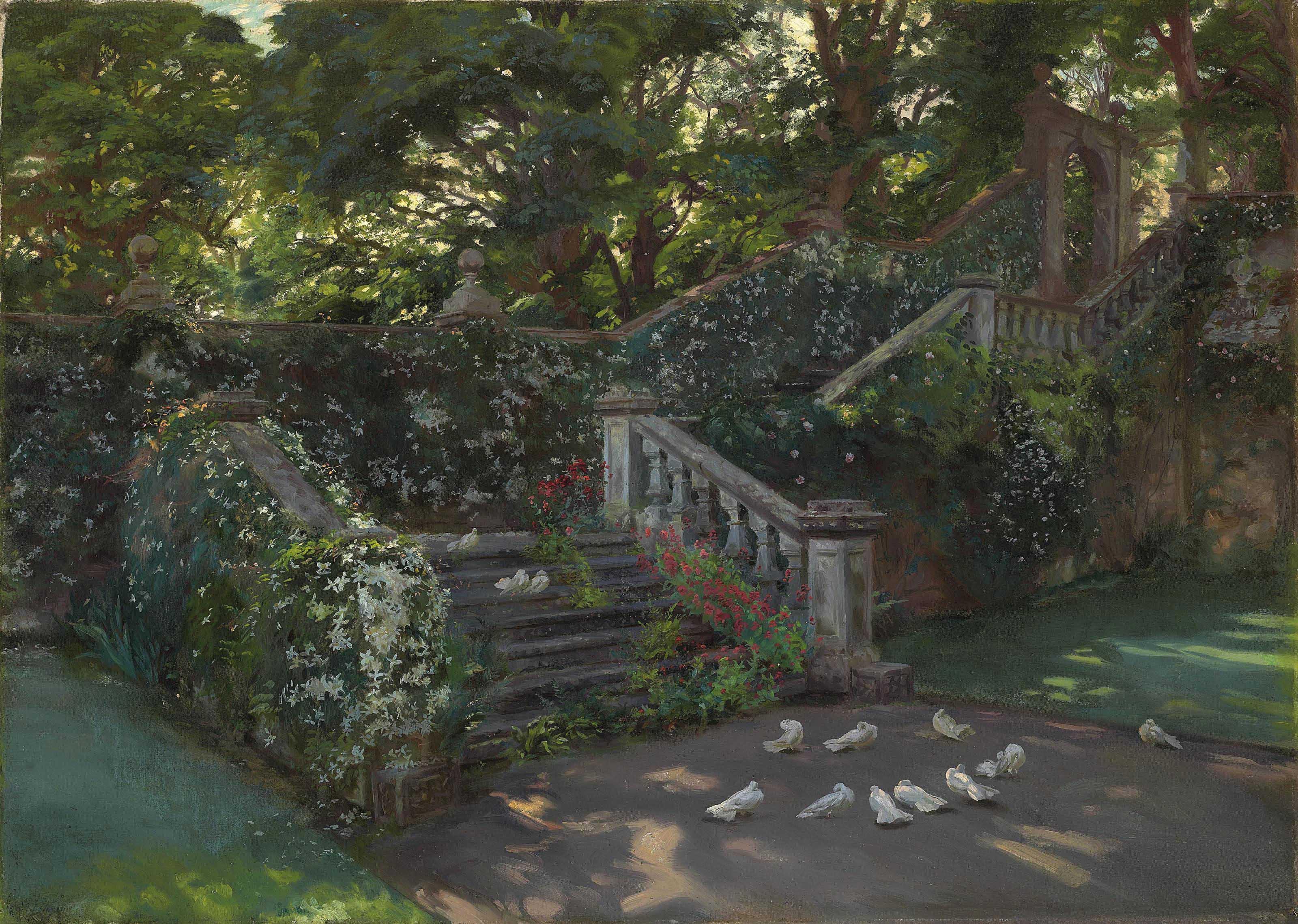 John Henry Lorimer, R.S.A. - The Golden Hour: The West Staircase To The Upper Terrace At Balcaskie, Fife