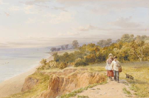 John Henry Mole - Two children with a dog, on a coastal path, Devon
