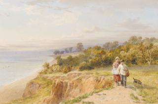 John Henry Mole - Two children with a dog, on a coastal path, Devon