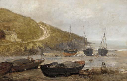 John Holland Jnr. - Ships on the shore at low tide, Sark