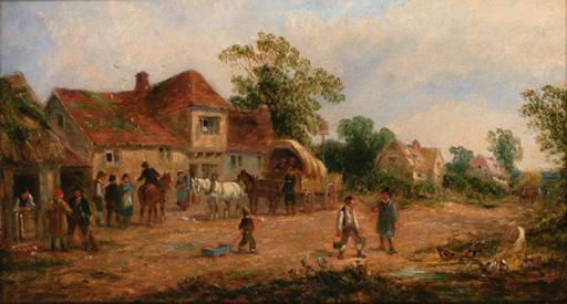 John Holland - Figues with a haycart before a house; and Figures with cart by an inn.