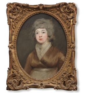 John Hoppner R.A. - Portrait of a lady, bust-length, in a brown and white dress