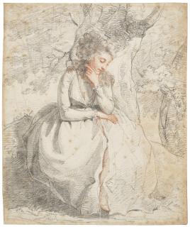John Hoppner, R.A. - Portrait of a pensive young lady seated by a tree