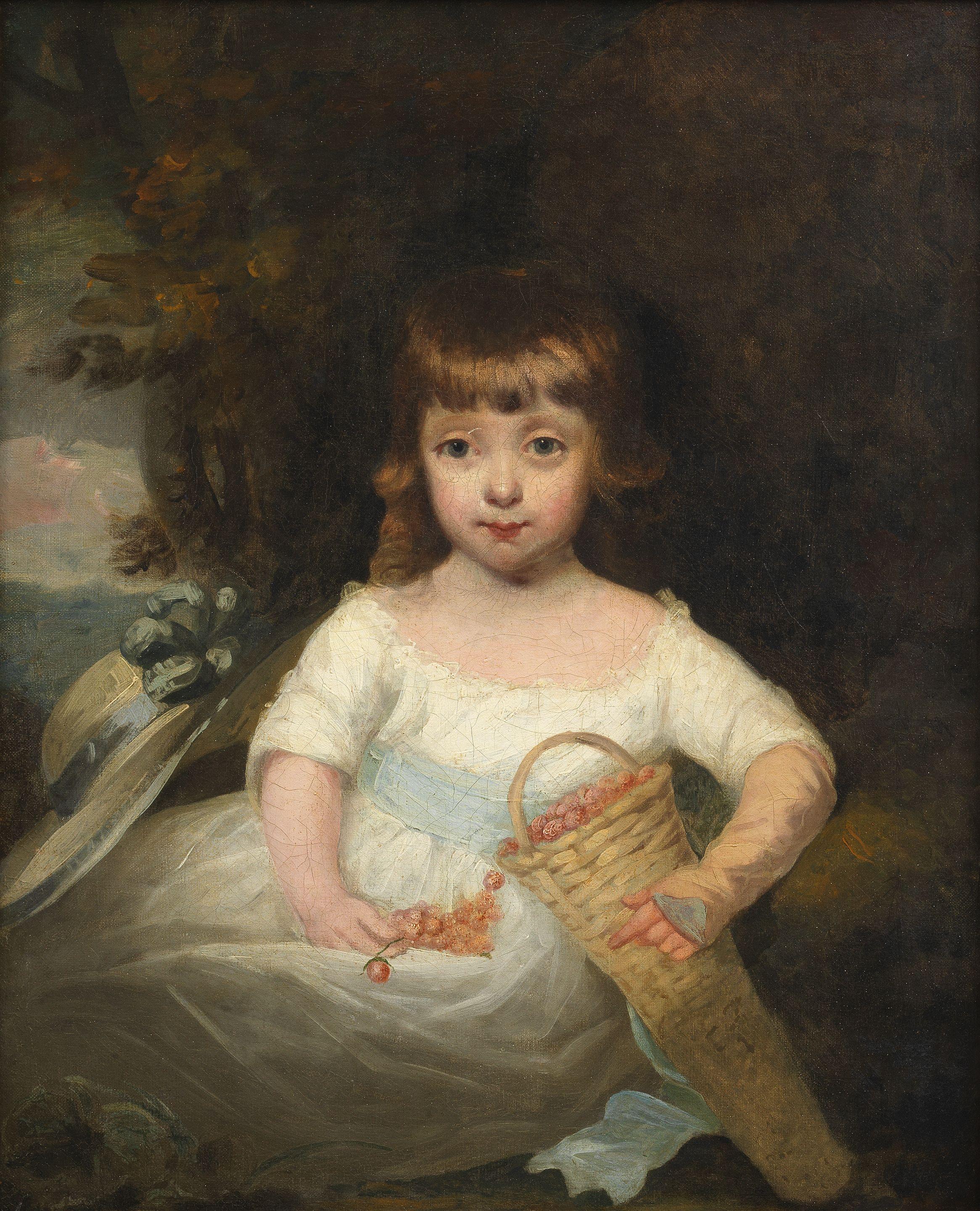 John Hoppner R.A. - Portrait of a young girl, said to be a Stanley of the Derby family, seated three-quarter-length, with a basket of strawberries