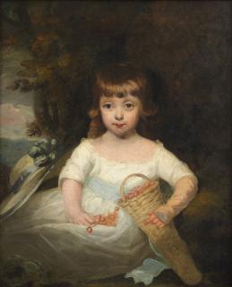 John Hoppner R.A. - Portrait of a young girl, said to be a Stanley of the Derby family, seated three-quarter-length, with a basket of strawberries