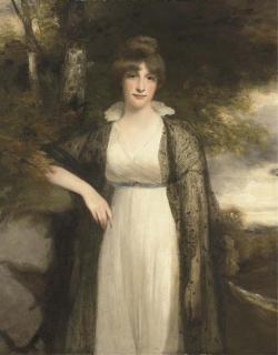 John Hoppner, R.A. - Portrait of Eleanor Agnes, wife of Robert, 4th Earl of Buckinghamshire, three-quarter-length, in a white dress and a black shawl, in a wooded landscape