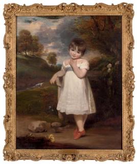 John Hoppner, R.A. - Portrait of Emma Laura Whitbread (d. 1857), full-length, in a white dress with a blue sash and a coral necklace, in a wooded landscape