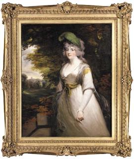 John Hoppner, R.A. - Portrait of Lady Boothby, three-quarter length, in a grey dress and with a plume in her hair, a landscape beyond