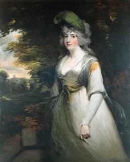 John Hoppner, R.A. - Portrait of Lady Boothby, three-quarter length, in a grey dress and with a plume in her hair, a landscape beyond