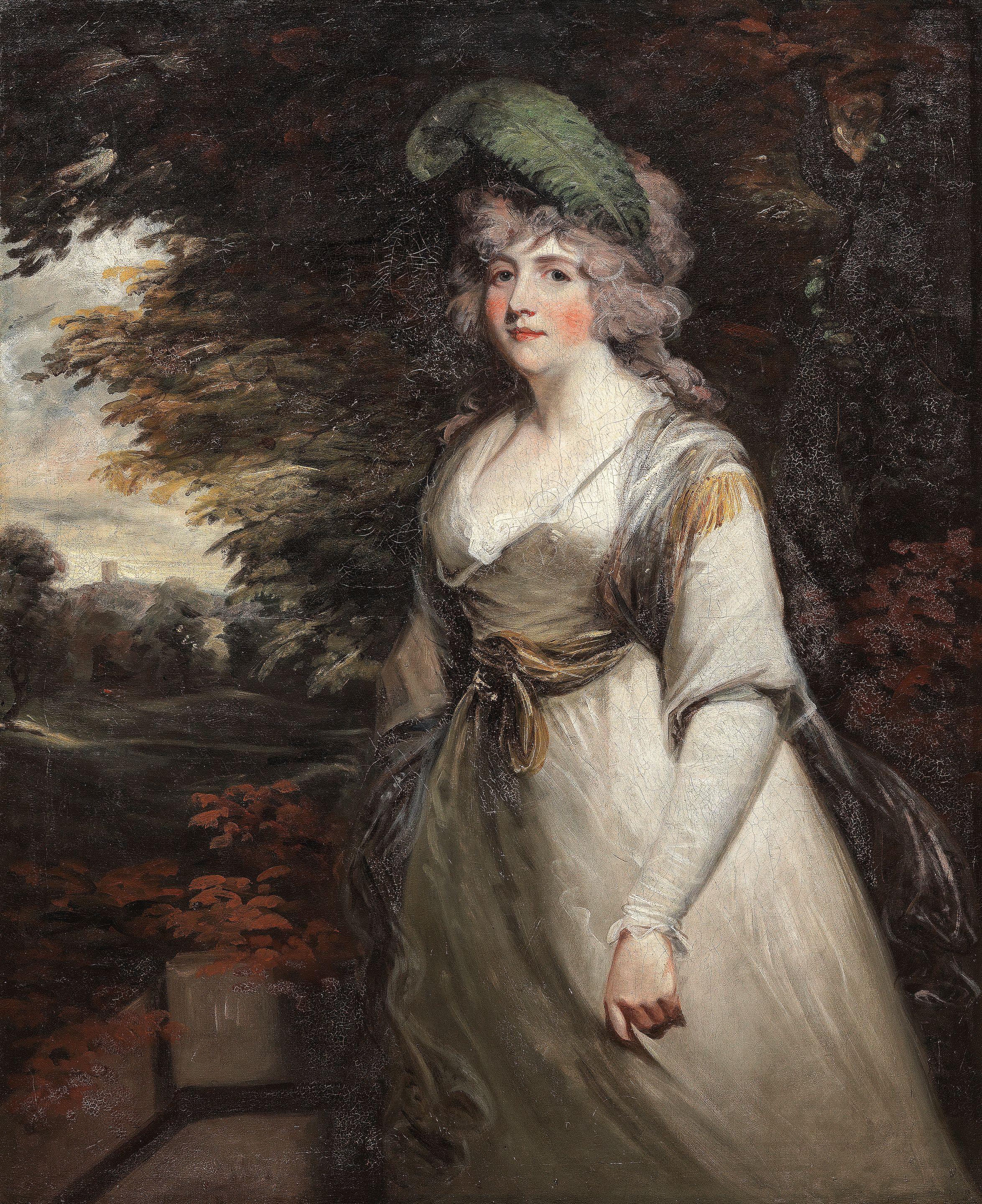 John Hoppner R.A. - Portrait Of Lady Boothby, Three-Quarter-Length, In A Grey Dress And With A Plume In Her Hair, Standing In A Landscape
