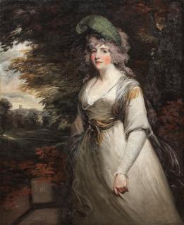 John Hoppner R.A. - Portrait Of Lady Boothby, Three-Quarter-Length, In A Grey Dress And With A Plume In Her Hair, Standing In A Landscape