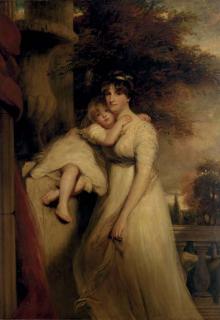 John Hoppner, R.A. - Portrait of Lady Mildmay, standing three-quarter-length, in a white dress, with her child, a landscape beyond