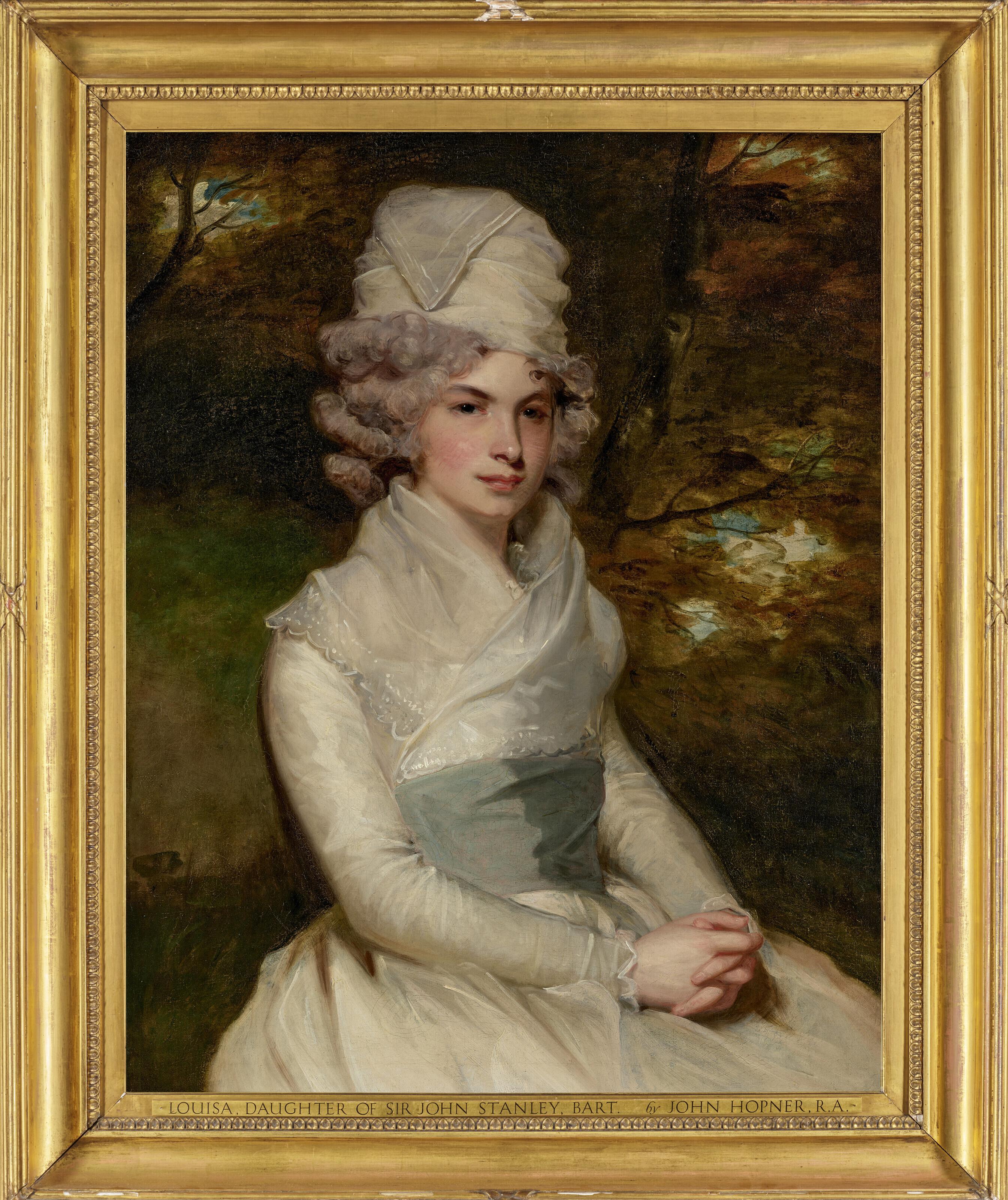 John Hoppner, R.A. - Portrait of Louisa, Lady Leighton (d.1842) half-length, seated in a white dress with a white fichu and blue sash, wearing a white headdress, in a landscape