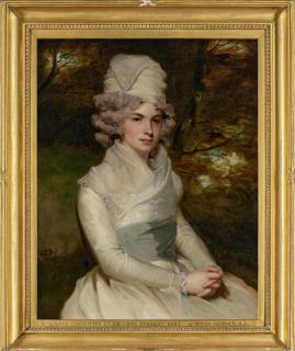 John Hoppner, R.A. - Portrait of Louisa, Lady Leighton (d.1842) half-length, seated in a white dress with a white fichu and blue sash, wearing a white headdress, in a landscape