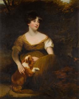 John Hoppner, R.A. - Portrait of the Hon. Miss Emma (Crewe) Cunliffe seated with her Cavalier King Charles Spaniel, in a landscape with a kettle with burning embers at right