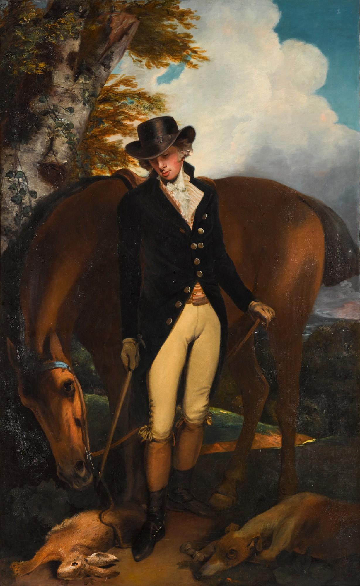 John Hoppner, R.A. - Portrait Of Thomas Norton Esq. (1760–1803) Of Kingston Bowsey, Sussex, Standing Full-Length, With His Horse And Dog In A Landscape