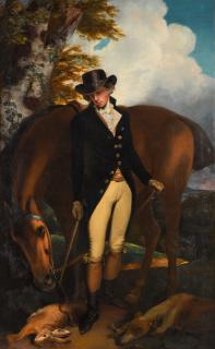 John Hoppner, R.A. - Portrait Of Thomas Norton Esq. (1760–1803) Of Kingston Bowsey, Sussex, Standing Full-Length, With His Horse And Dog In A Landscape