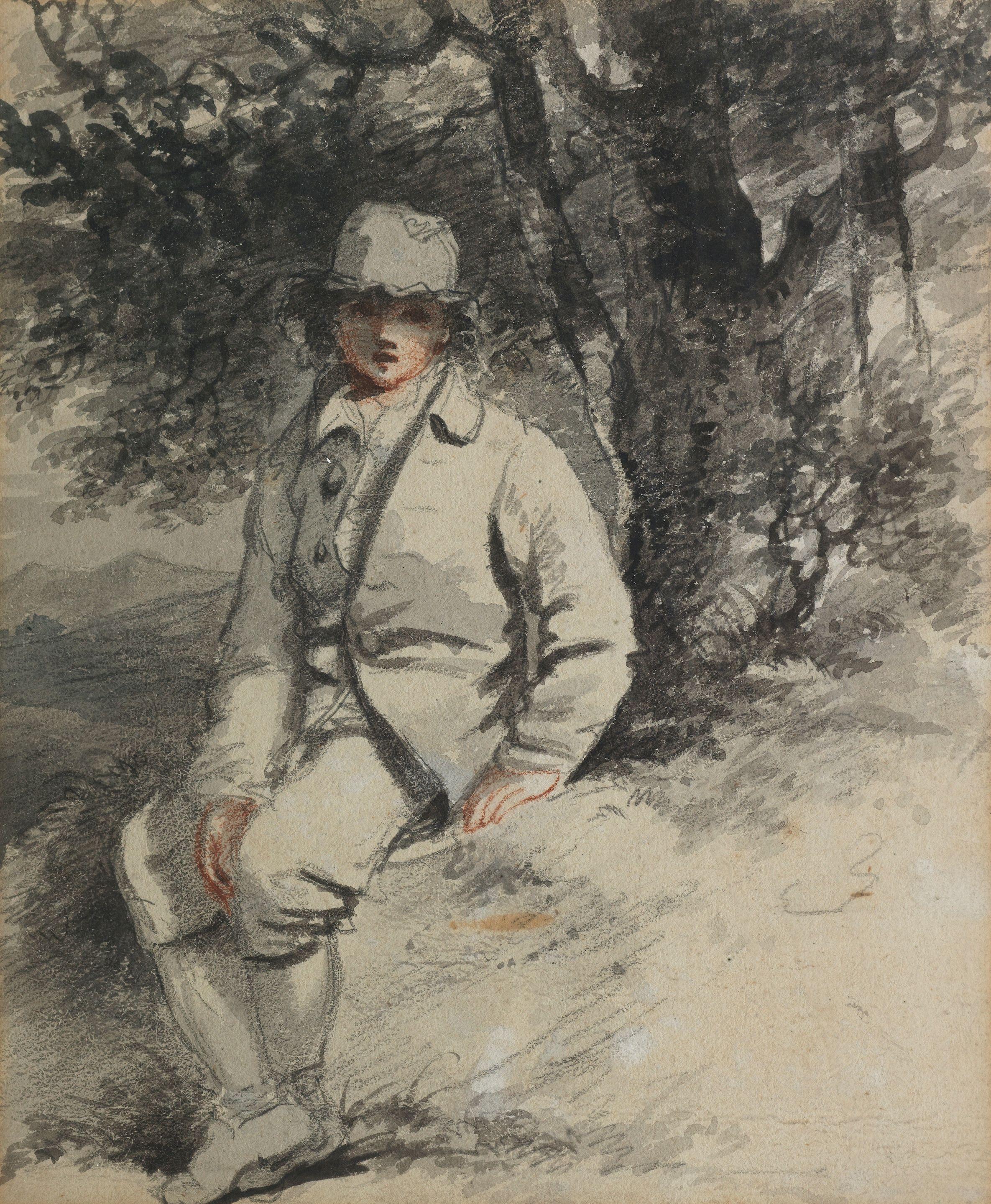 John Hoppner R.A. - Sketch of a boy seated by a tree