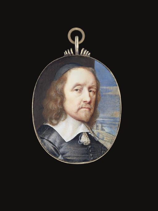 John Hoskins - A gentleman called Inigo Jones, in black gown, white lawn collar with tassels, black skull cap, long curling brown hair, moustache and small pointed beard; pillar and landscape background with castle in the distance