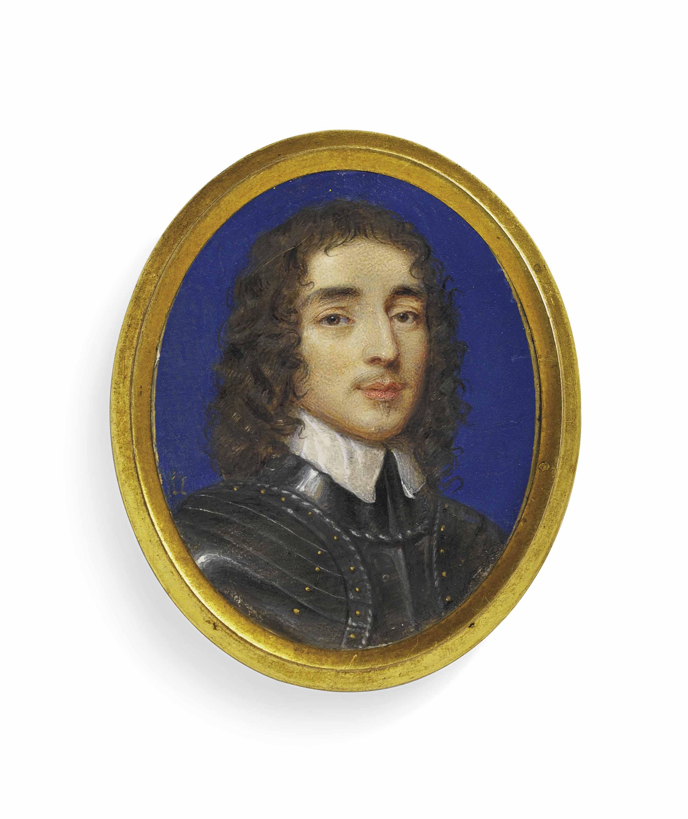 John Hoskins - A gentleman, in gilt-studded armour, white collar, dark curling hair, blue background with gold border