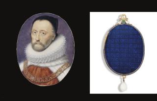 John Hoskins - A gentleman, in orange and white fur robe, lace ruff, black skull cap, wearing the chain of SS with Tudor rose , grey beard and moustache; mauve background