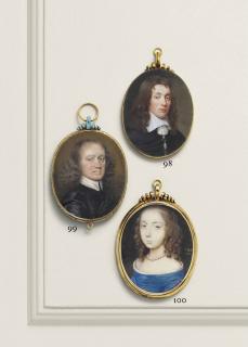 John Hoskins - A Young Lady Traditionally Called Helen, Viscountess Tarras, In Blue Dress With White Chemise, Pearl Necklace, Curled Auburn Hair