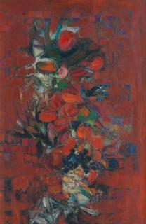 John Houston OBE RSA RSW RGI SSA - Fruit on a Red Table
