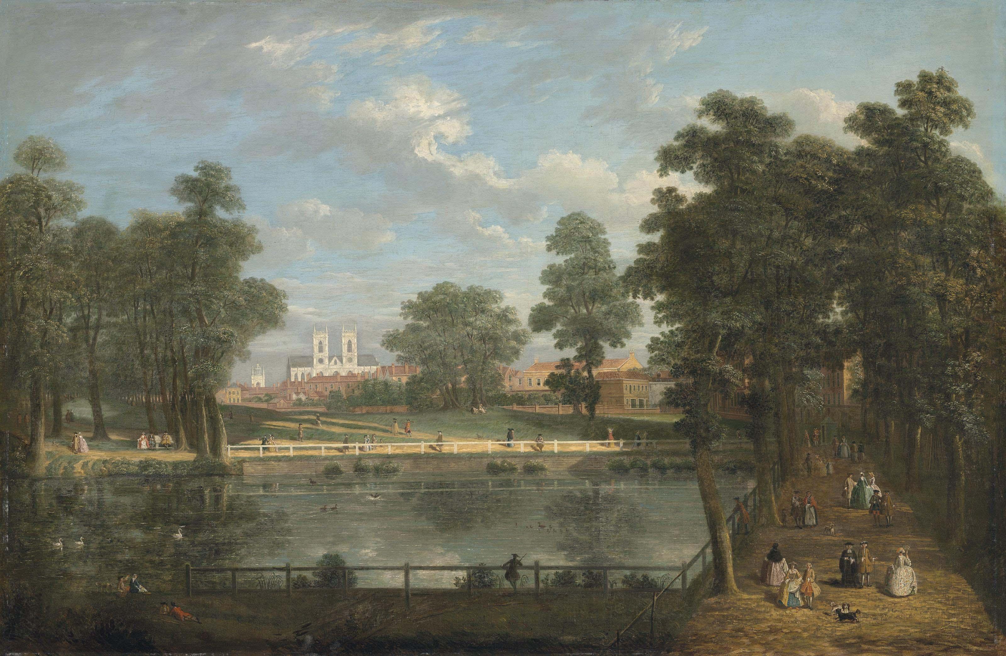 John Inigo Richards - Rosamund\'s Pond, St. James\'s Park, London, with Westminster Abbey beyond