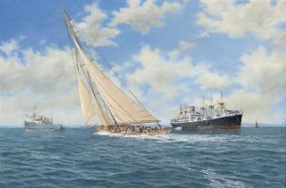 John J. Holmes - Britannia racing to leeward of the P. & O. liner Strathaird and the Federal Steam Navigation Company\'s Rotorua