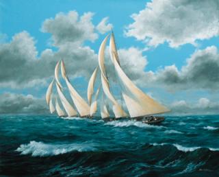 John J. Holmes - Gloucester schooners under full sail on the Grand Banks, off Newfoundland