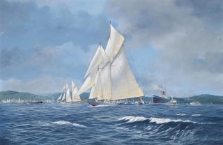 John J. Holmes - Westward racing on the Clyde with the paddle steamer Marmion off her starboard beam; and Britannia and Westward racing to windward on the Clyde