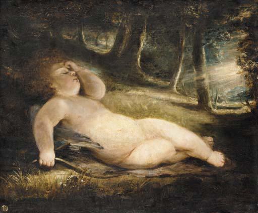 John Jackson, R.A. - Cupid asleep in a woodland clearing