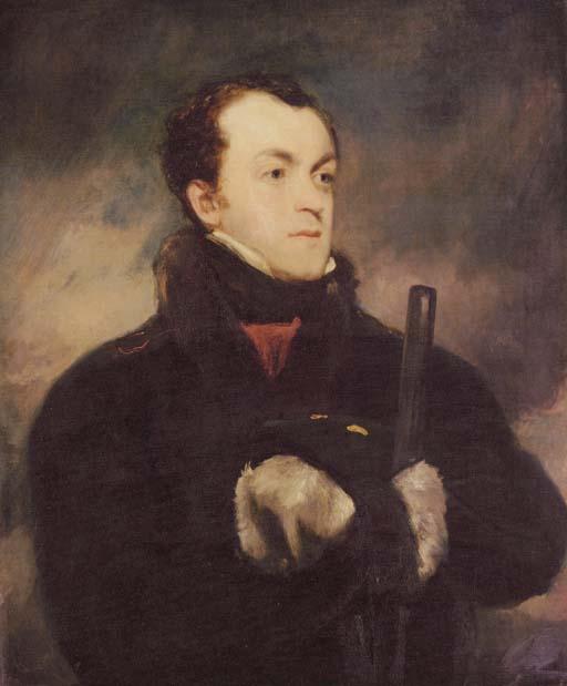 John Jackson, R.A. - Portrait of Captain Lyon, RN (1795-1832), half length, in a fur-trimmed coat, holding a gun