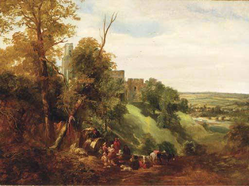 John James Chalon - A gypsy encampment by a hilltop fortress