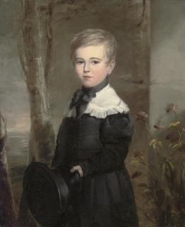 John James Masquerier - Portrait of a young boy, three-quarter-length, in school uniform, holding a black hat in his left hand, in a landscape