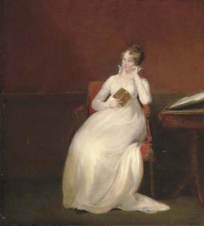 John James Masquerier - Portrait of Marianne Langham (1772-1809), Small Full-Length, Seated In A White Dress Holding An Open Book In Her Right Hand