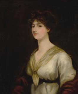 John James Masquerier - Portrait Of Miss Bristow, Half Length, With A White Dress And Red Cloak Falling From Shoulders